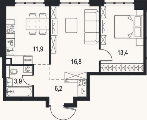 Планировка: 2-к, 52,2 м²