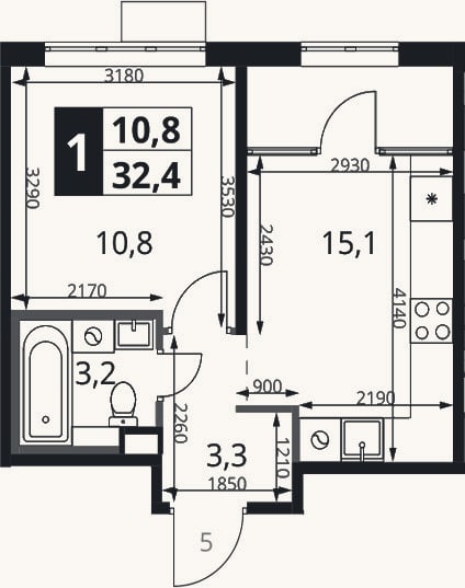 Планировка: 1-к, 32,4 м²