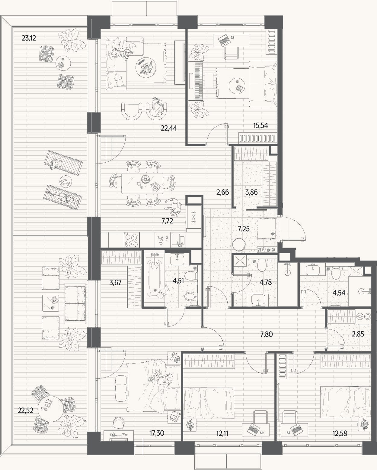 Планировка: 4+ к, 129,6 м²