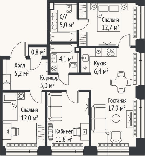 Планировка: 4+ к, 80,7 м²