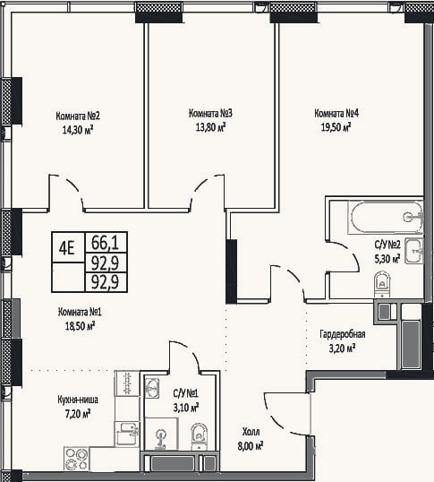 Планировка: 4+ к, 92,9 м²