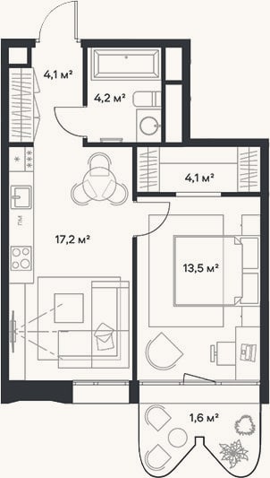 Планировка: 2-к, 43,1 м²