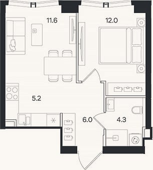 Планировка: 2-к, 39,1 м²