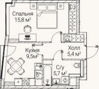 Планировка: 1-к, 36 м²