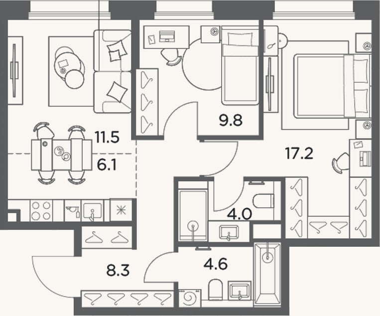 Планировка: 3-к, 61,5 м²