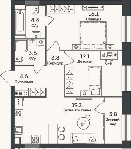 Планировка: 3-к, 63,8 м²