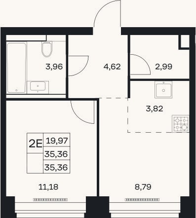 Планировка: 2-к, 35,4 м²