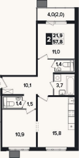 Планировка: 2-к, 55,8 м²