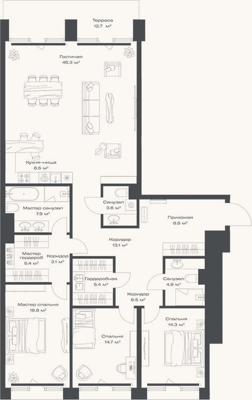 Планировка: 4+ к, 159 м²