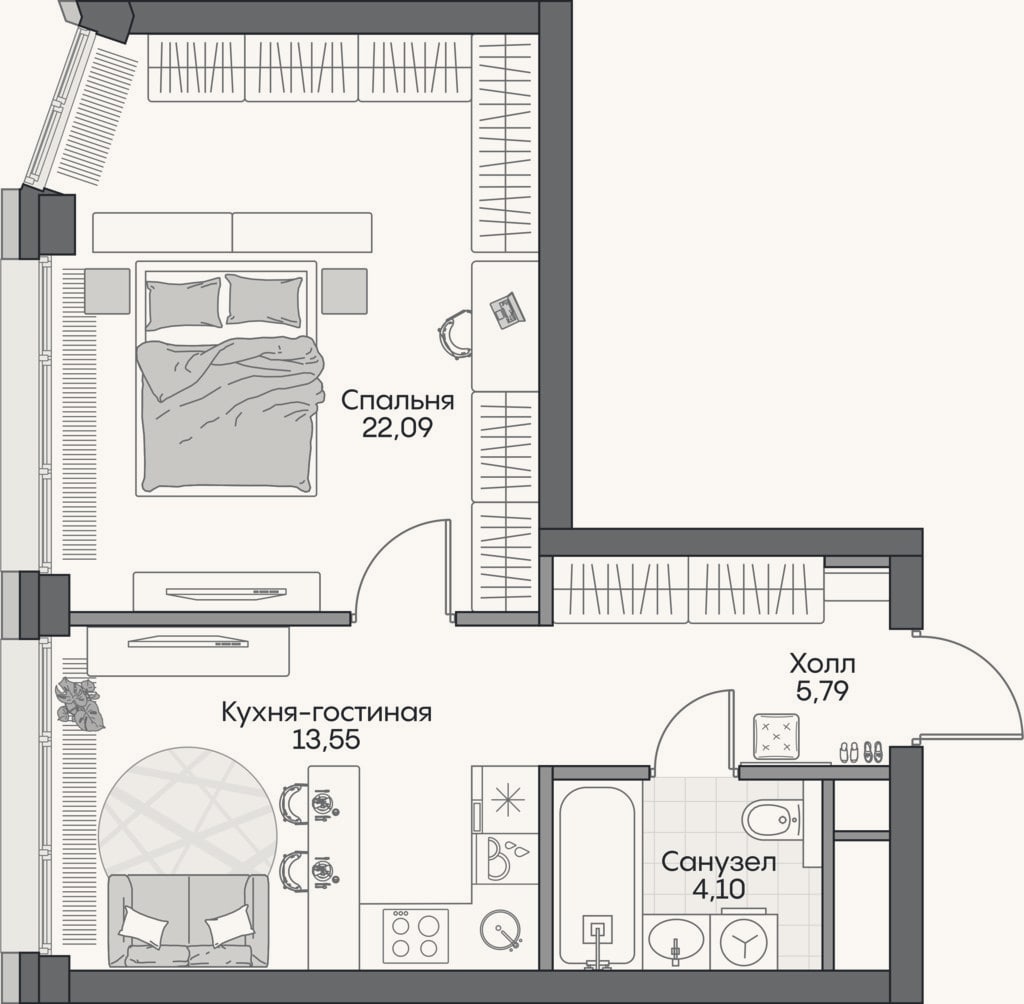 Планировка: 2-к, 44,1 м²