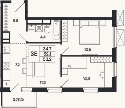 Планировка: 3-к, 52,1 м²