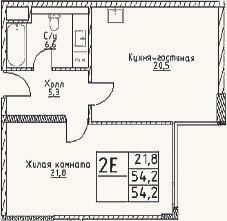 Планировка: 2-к, 54,2 м²
