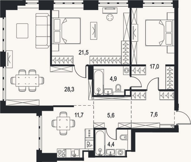 Планировка: 3-к, 101 м²