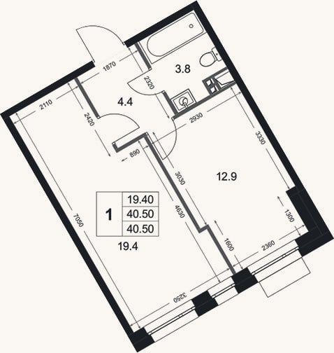 Планировка: 1-к, 40,5 м²