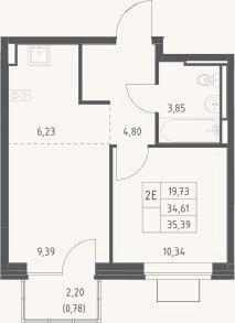 Планировка: 2-к, 34,6 м²