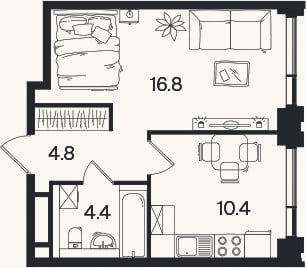Планировка: 1-к, 36,4 м²