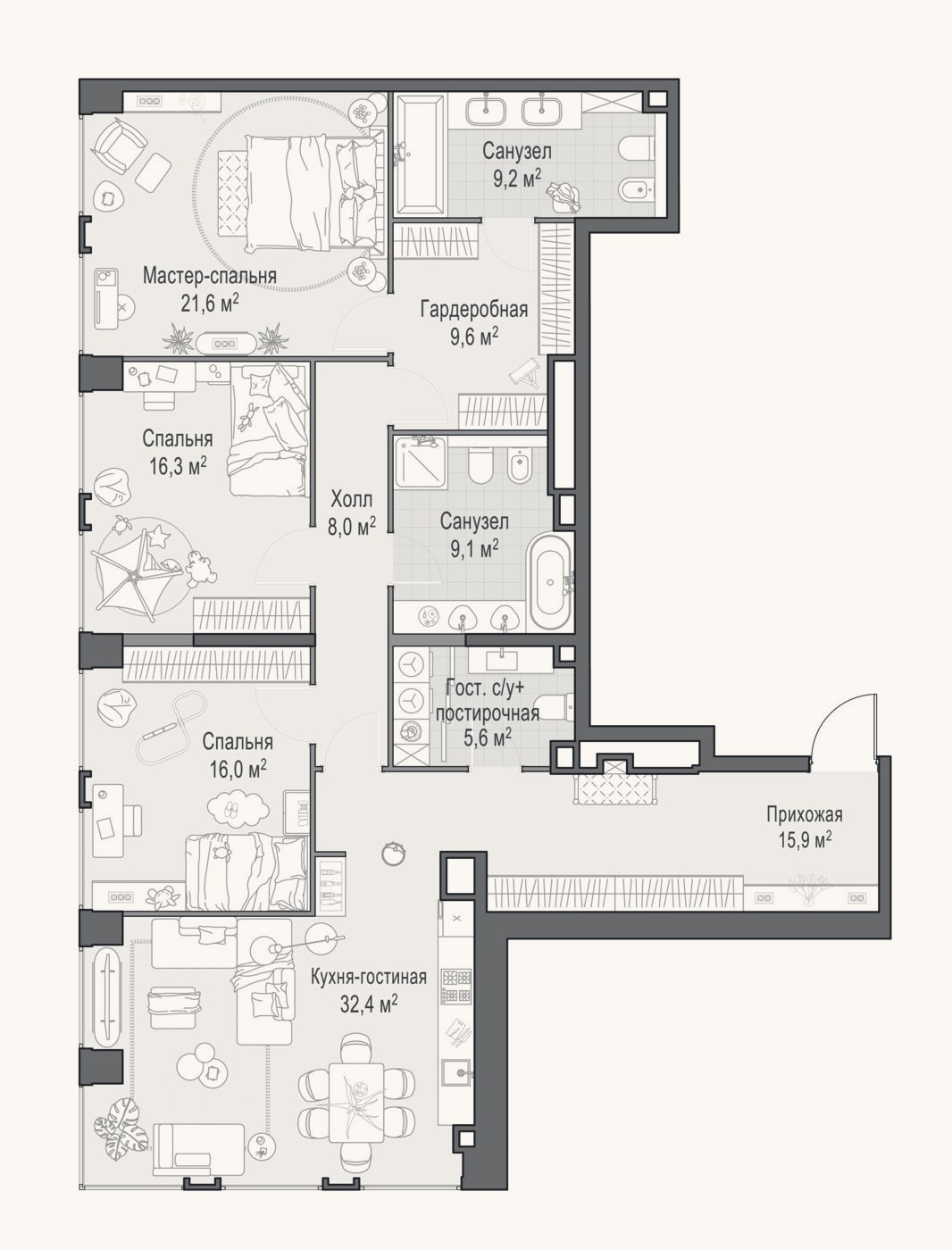 Планировка: 4+ к, 143,9 м²