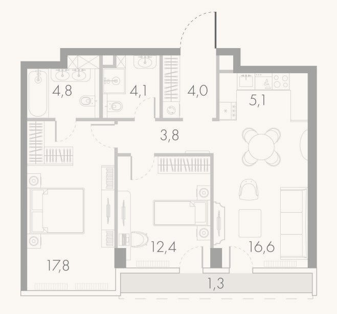 Планировка: 3-к, 68,6 м²