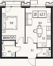 Планировка: 2-к, 42,5 м²
