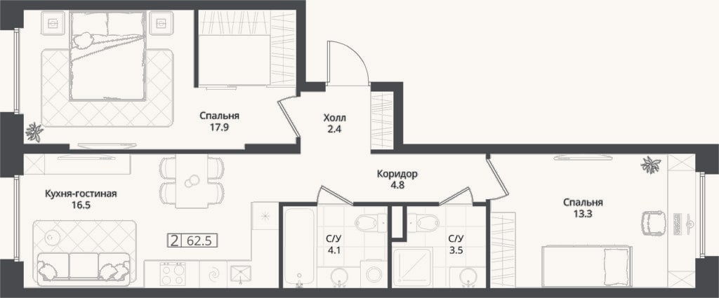 Планировка: 2-к, 62,5 м²
