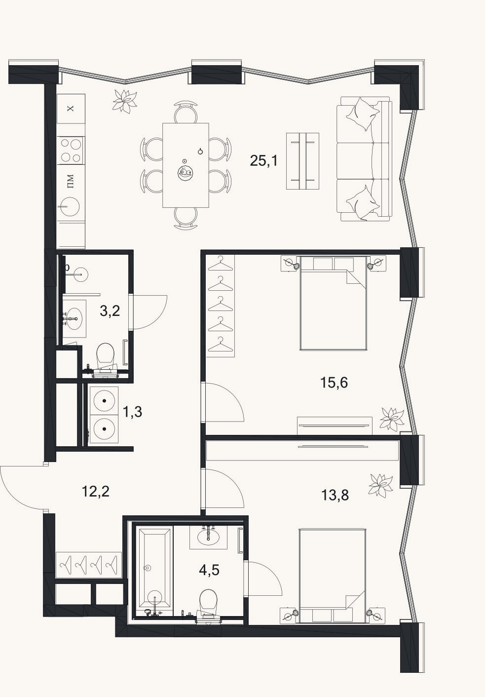Планировка: 3-к, 75,7 м²