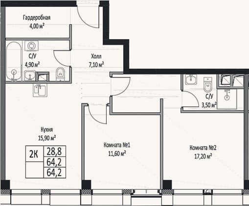 Планировка: 2-к, 64,2 м²