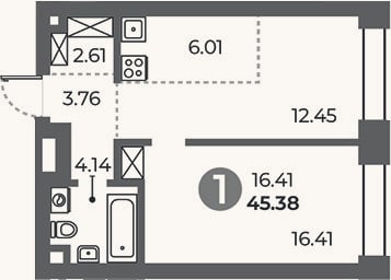 Планировка: 1-к, 45,4 м²