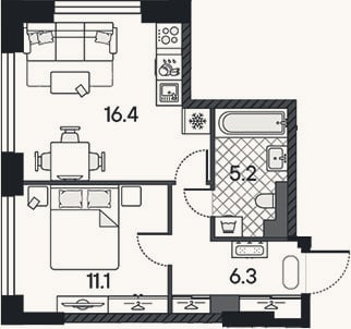 Планировка: 2-к, 39 м²