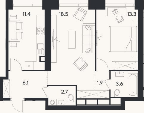 Планировка: 2-к, 57,5 м²