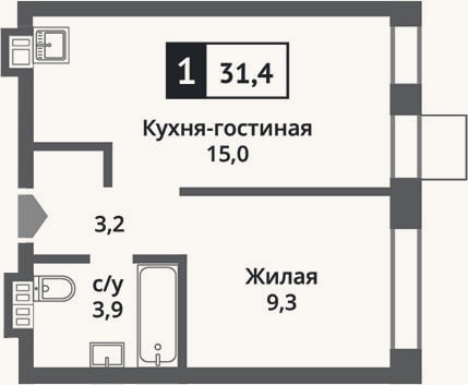 Планировка: 2-к, 31,4 м²