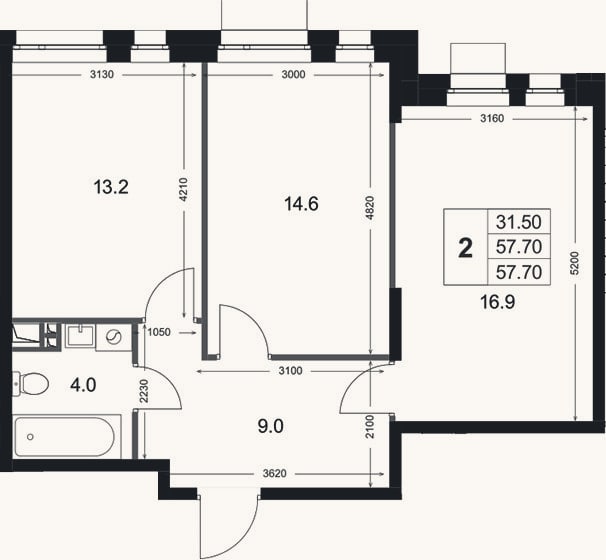 Планировка: 2-к, 57,7 м²