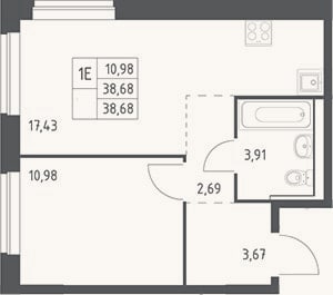 Планировка: 2-к, 38,7 м²