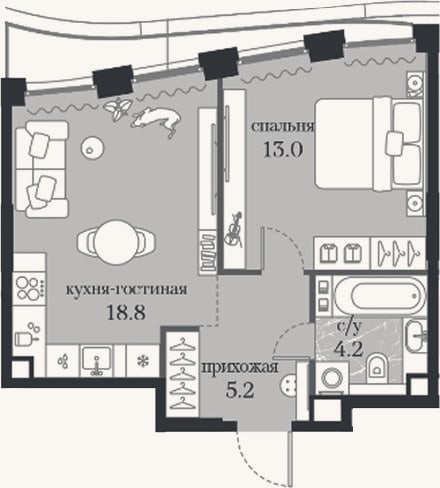 Планировка: 1-к, 41,2 м²