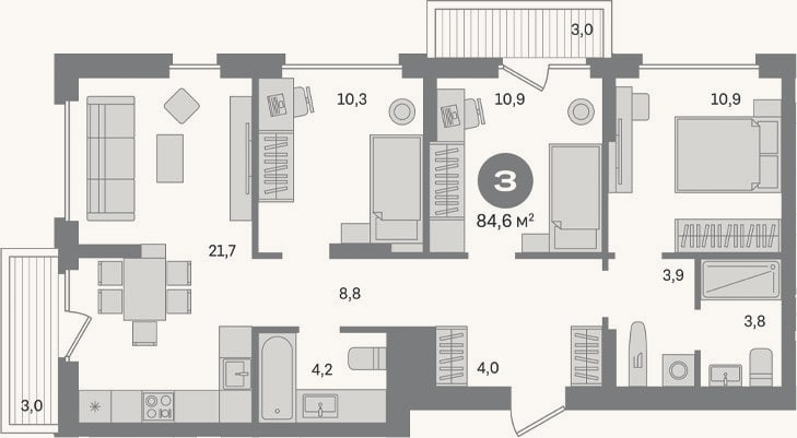 Планировка: 3-к, 78,6 м²