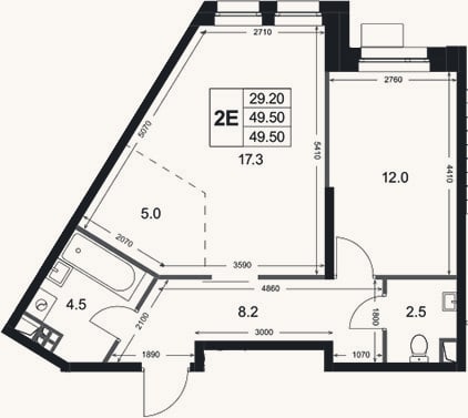 Планировка: 2-к, 49,5 м²