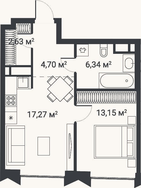 Планировка: 1-к, 47 м²