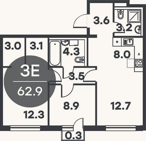 Планировка: 3-к, 62,6 м²