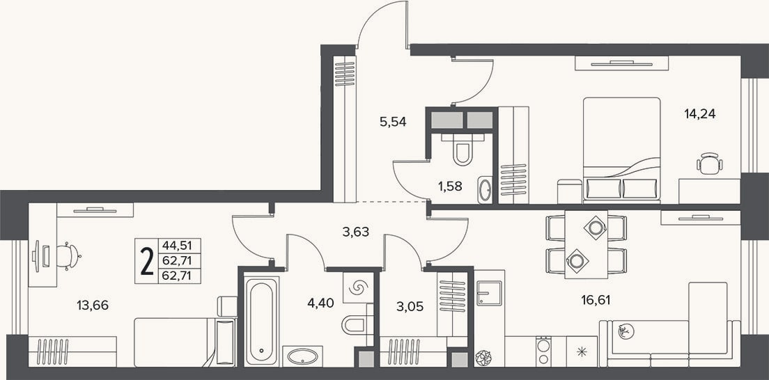 Планировка: 3-к, 62,7 м²