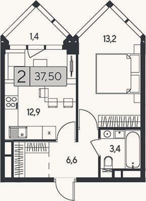 Планировка: 2-к, 36,1 м²