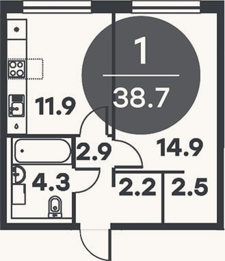 Планировка: 1-к, 38,7 м²