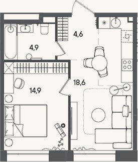 Планировка: 2-к, 43 м²