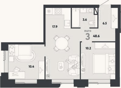 Планировка: 3-к, 48,6 м²