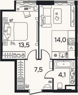 Планировка: 1-к, 39,1 м²