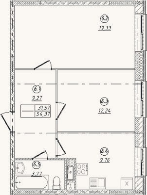 Планировка: 2-к, 54,4 м²