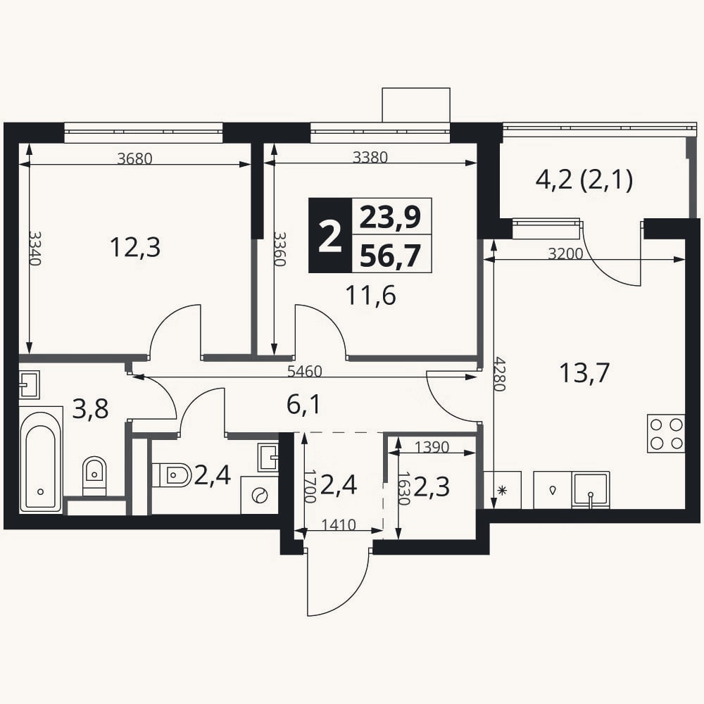 Планировка: 2-к, 54,6 м²