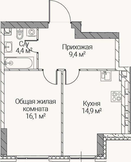 Планировка: 1-к, 44,8 м²