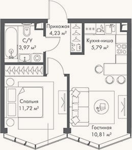 Планировка: 2-к, 36,5 м²