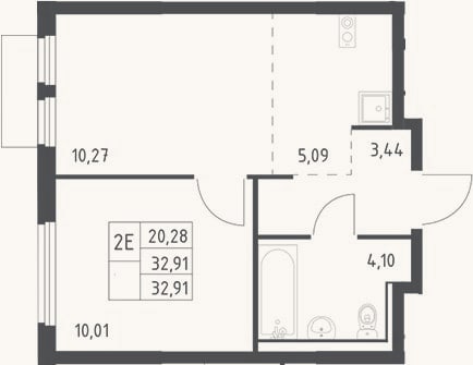 Планировка: 2-к, 32,9 м²