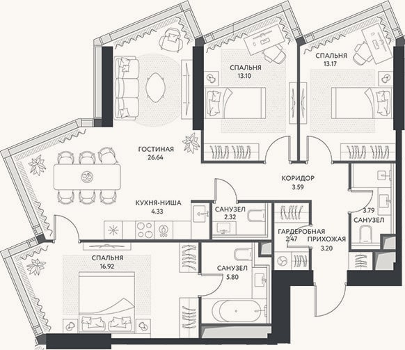 Планировка: 4+ к, 95,3 м²