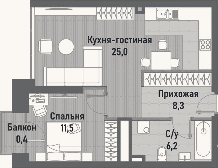 Планировка: 2-к, 50,9 м²